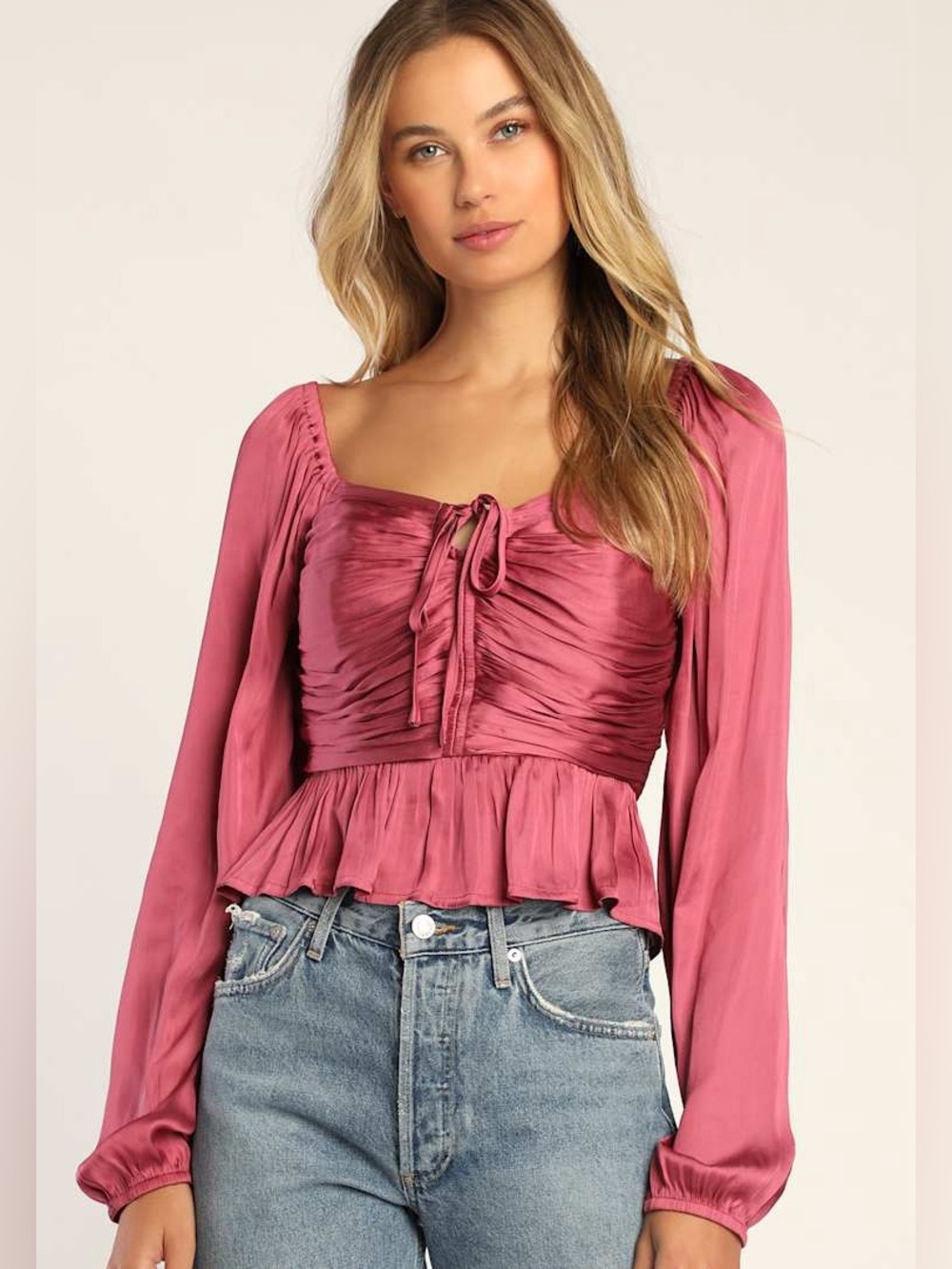 Lulu’s On Re-Pleat Mauve Satin Pleated Balloon Sleeve Top